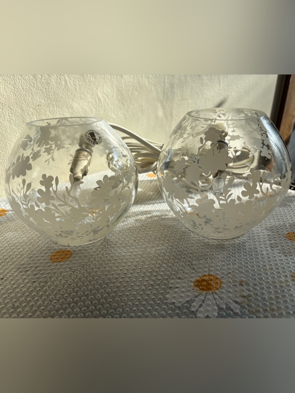 Pair of Vintage IKEA KNUBBIG Cherry Blossom Glass Lamps - Hand-Blown